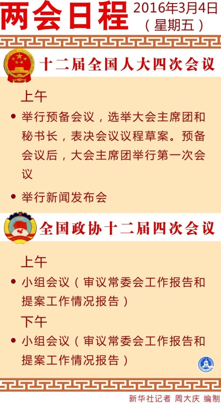 圖表：3月4日兩會日程 新華社記者 周大慶 編制