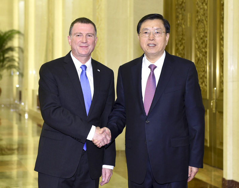 4月11日，全國人大常委會委員長張德江在北京人民大會堂與以色列議長埃德爾斯坦舉行會談。