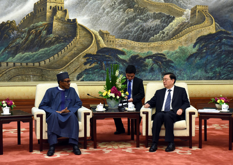 4月13日，全國人大常委會委員長張德江在北京人民大會堂會見尼日利亞總統布哈裏。